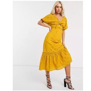 ASOS | Dresses | New Asos Design Broderie Knot Front Midi Dress Mustard  Yellow 4 | Poshmark